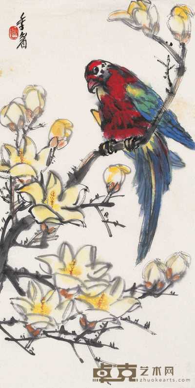 王传焘 鹦鹉玉兰 镜心 68×34cm